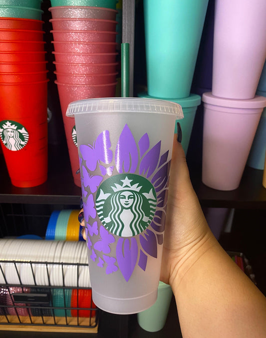 Sunflower with Butterflies Starbucks Frosted Cup. Custom Starbucks Hot and Cold cups. Choose from over 100 designs and colour combinations or customize your own. Toronto, ON, Canada. Ship Worldwide.