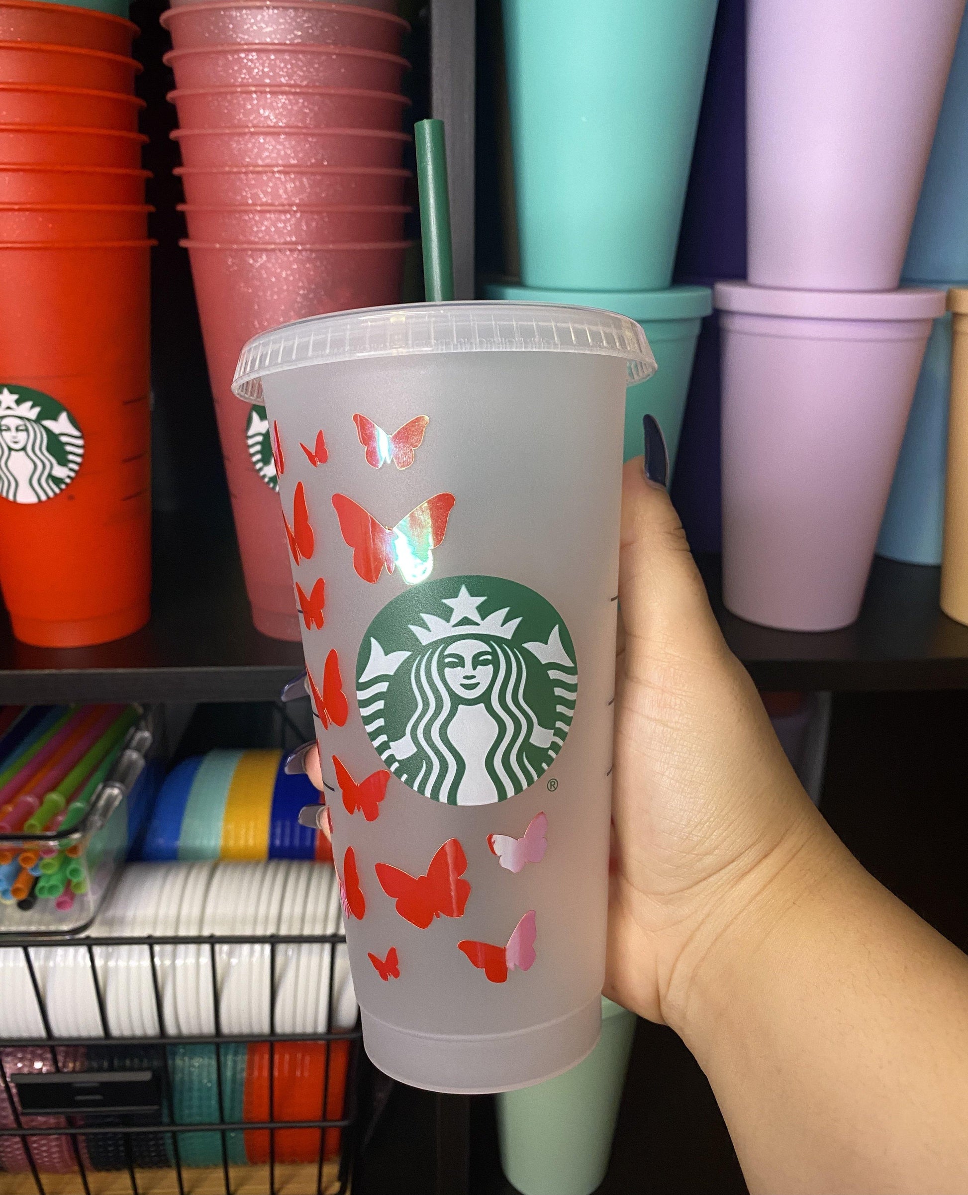 Holographic Butterfly Starbucks Frosted Cup. Custom Starbucks Hot and Cold cups. Choose from over 100 designs and colour combinations or customize your own. Toronto, ON, Canada. Ship Worldwide.