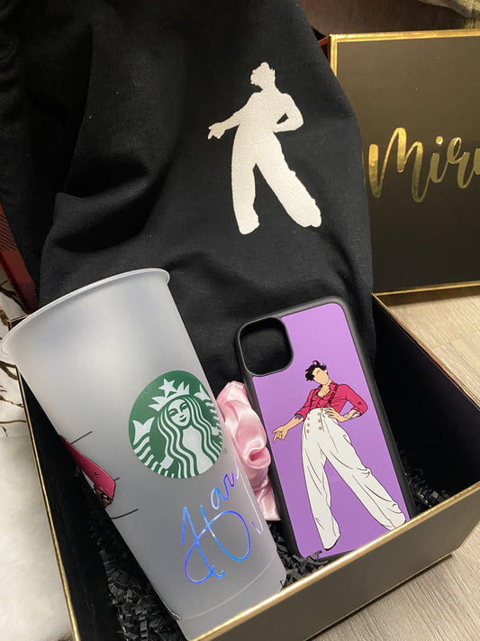 Harry Styles Fine Line Themed Gift Box includes a Personalized Gift Box with Name, T-shirt, Phone Case and Starbucks Cup. Personalize with names. Toronto, ON, Canada. Worldwide Shipping.