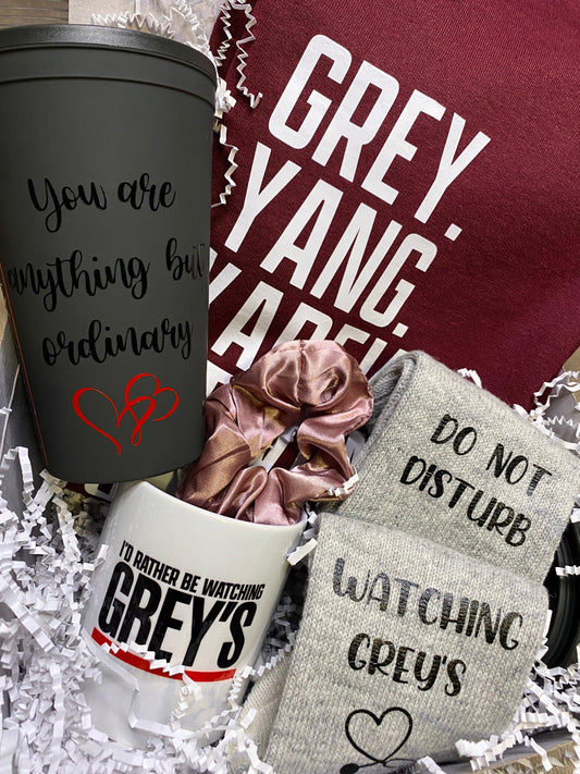 My Grey's Anatomy Watching Box includes a Personalized Gift Box with Name, T-shirt/Crew-Neck/Hoodie, Comfy Socks, Mug and Limited Edition Matte Tumbler. Personalize with names. Toronto, ON, Canada. Worldwide Shipping. Grays Anatomy. Grays. Greys.