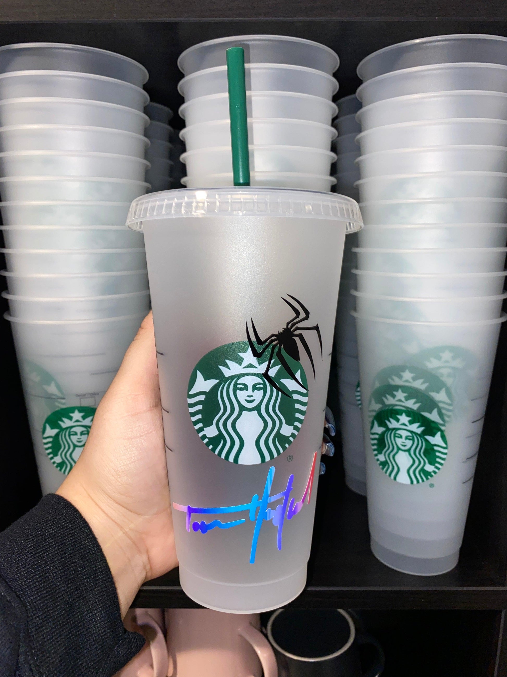 Tom Holland Spiderman Peter Parker Marvel Inspired Starbucks Frosted Cup. Custom Starbucks Hot and Cold cups. Choose from over 100 designs and colour combinations or customize your own. Toronto, ON, Canada. Ship Worldwide.