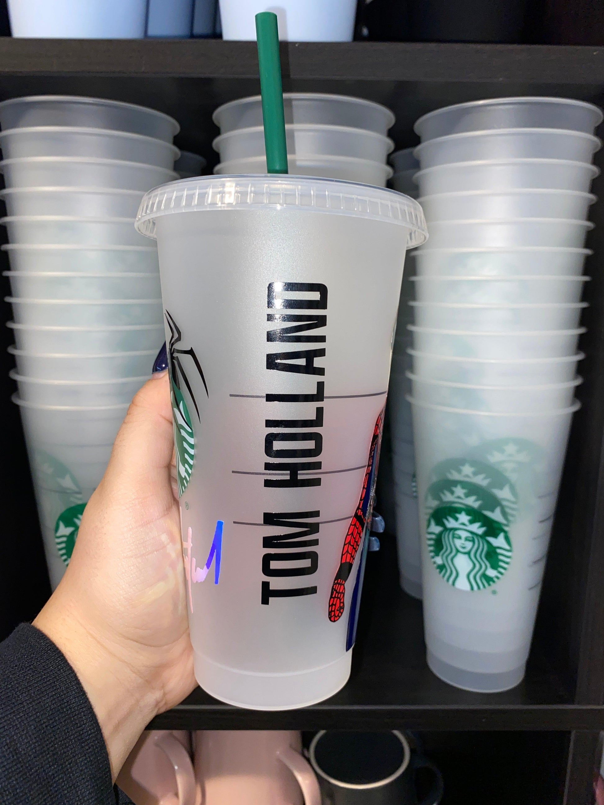 Tom Holland Spiderman Peter Parker Marvel Inspired Starbucks Frosted Cup. Custom Starbucks Hot and Cold cups. Choose from over 100 designs and colour combinations or customize your own. Toronto, ON, Canada. Ship Worldwide.
