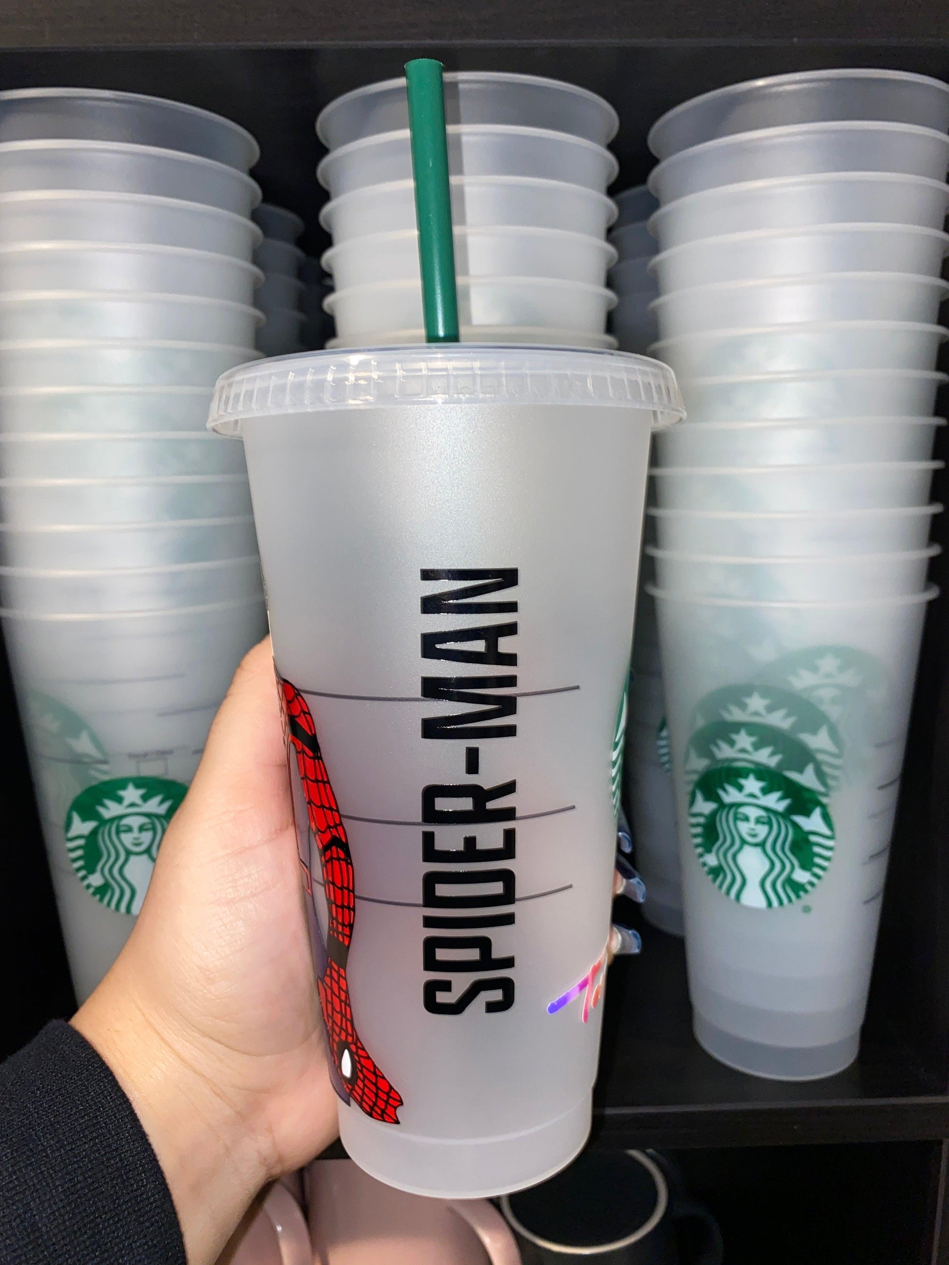 Tom Holland Spiderman Peter Parker Marvel Inspired Starbucks Frosted Cup. Custom Starbucks Hot and Cold cups. Choose from over 100 designs and colour combinations or customize your own. Toronto, ON, Canada. Ship Worldwide.